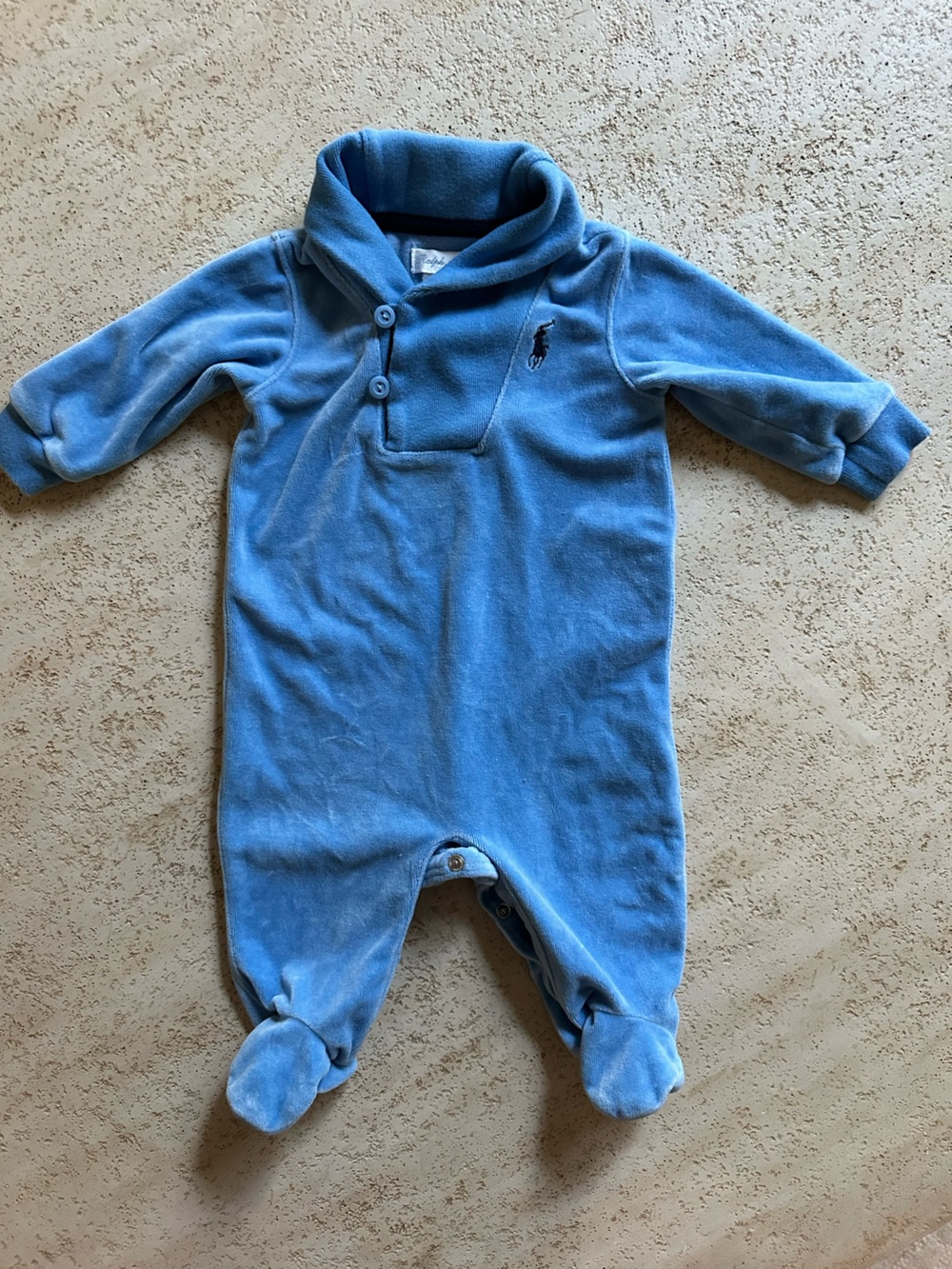 Ralph Lauren Baby Blue Velour Footed One-Piece